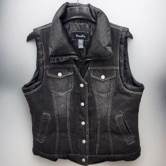 Denim and Co Black Denim Puffer Vest Womens Large Down Feather Fill Snap Zipper - Picture 2 of 12